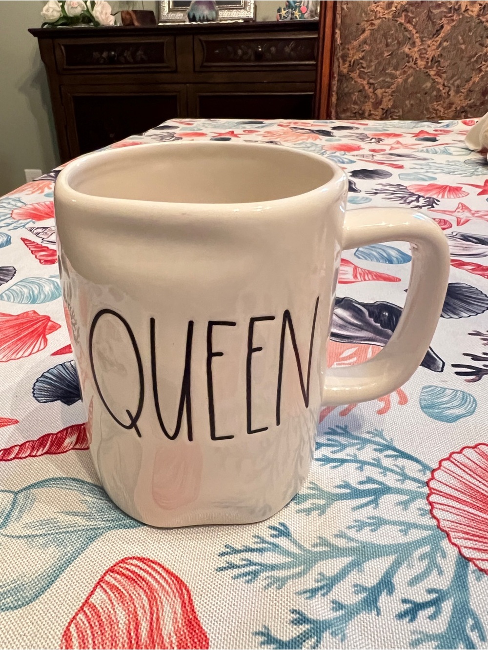 Rae Dunn QUEEN White Ceramic Mug with Bold Lettering